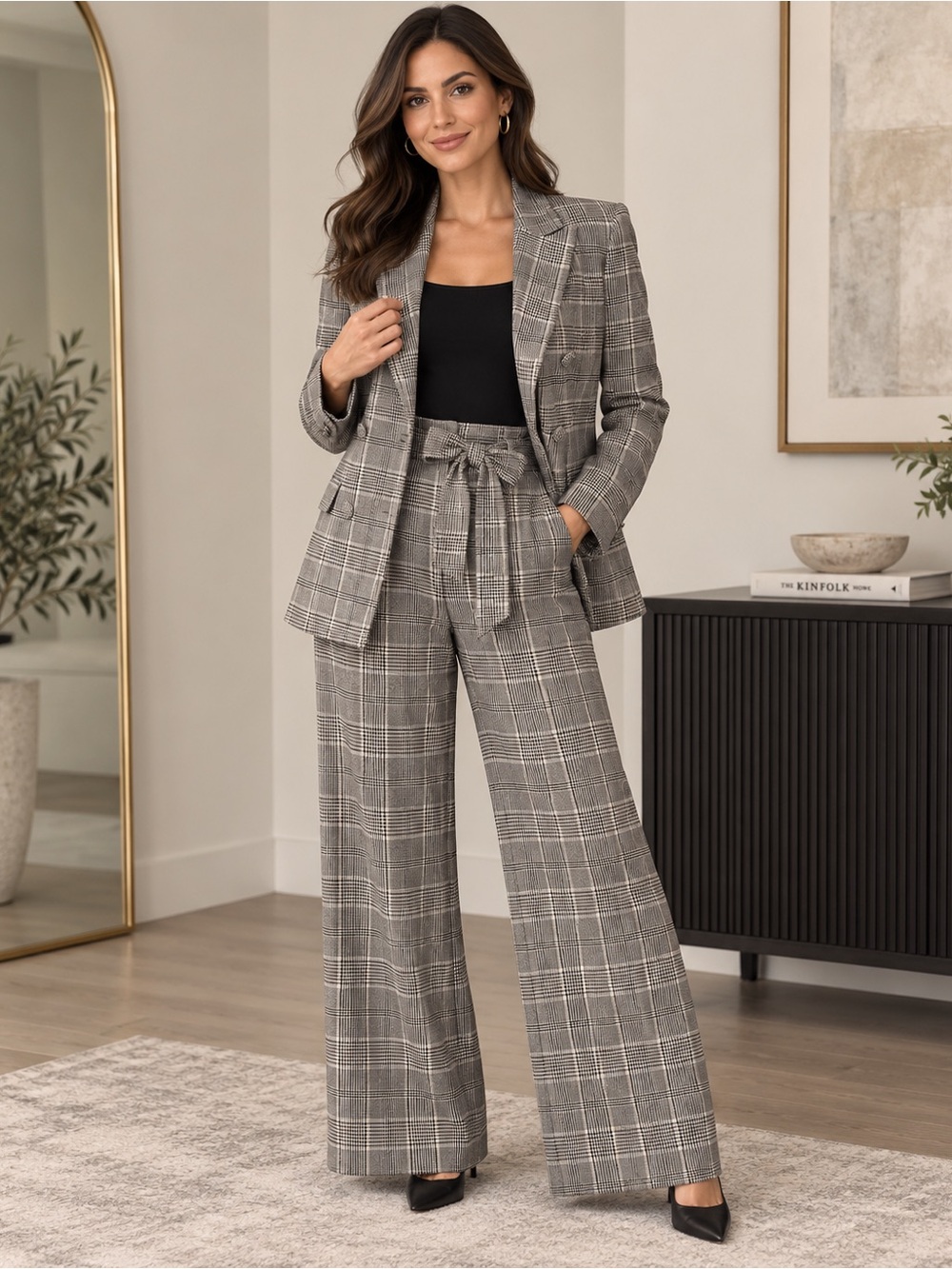 Plaid Wide-Leg Tie-Waist Pants — Gray